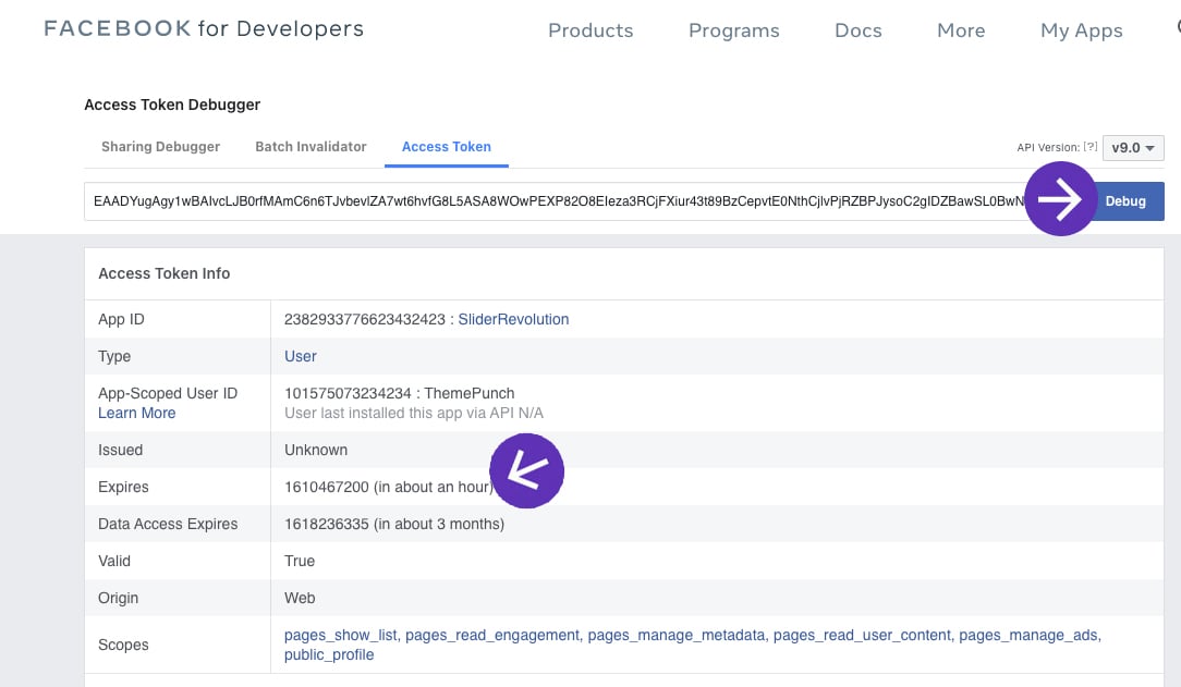 Facebook stream setup instructions with access token slider revolution
