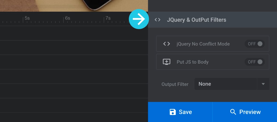 JQuery & Output Filters panel showing options