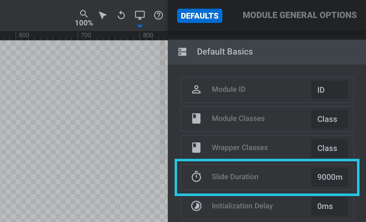 In the Default Basics panel, find the Slide Duration option