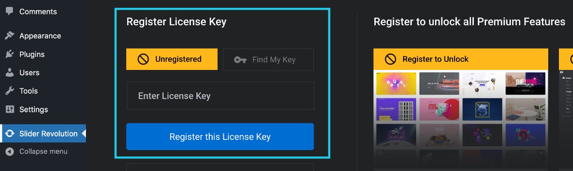 Register License Key area with Unregistered License Key