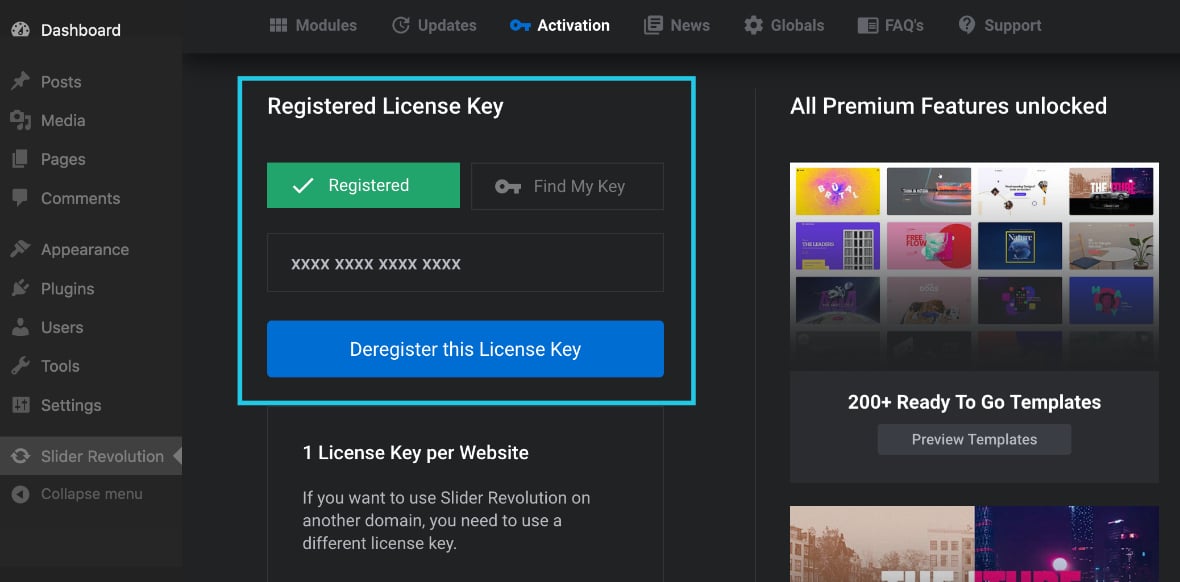 Registered License Key area in the Slider Revolution