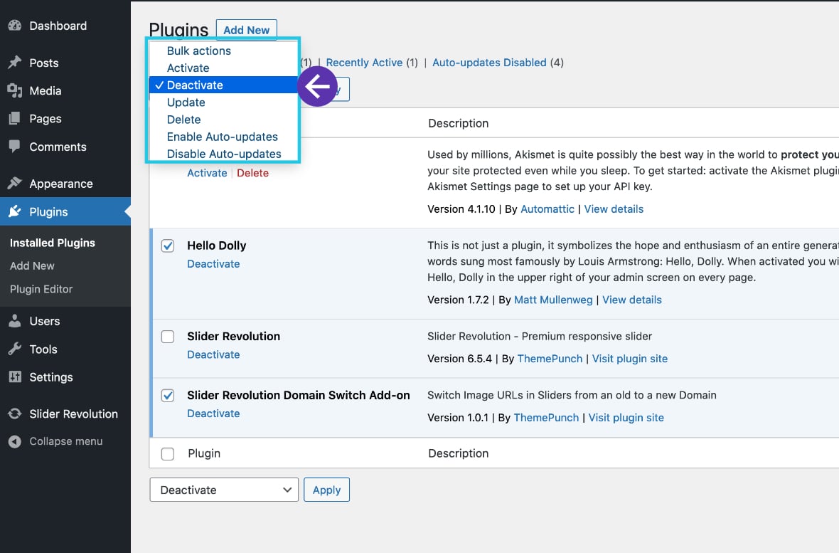 Select Deactivate from a drop-down Bulk actions options to find conflicts.