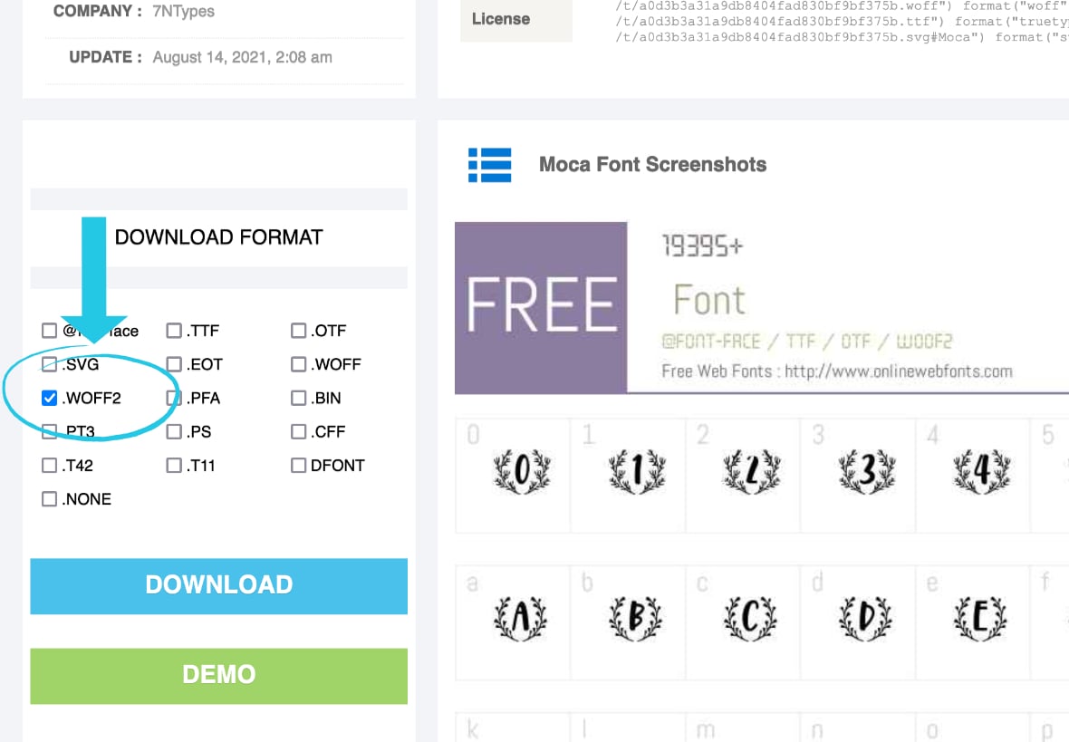 Select the WOFF2 file format for the selected font