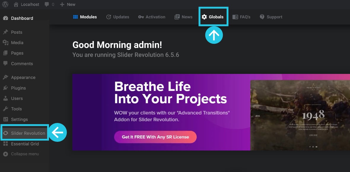 Go to Global settings from the top bar inside the Slider Revolution plugin