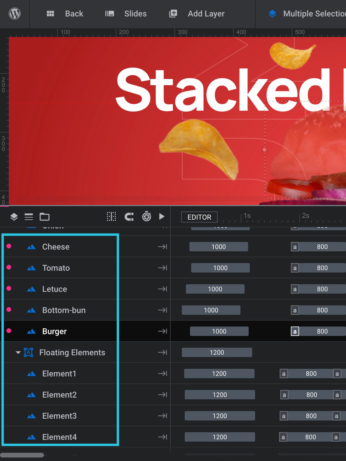 Select a layer from the timeline at the bottom of the module editor or by clicking it on the canvas