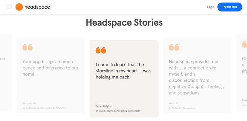 Headspace Testimonial carousel