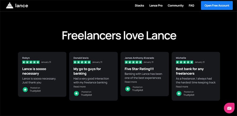 Testimonial carousel on the Lance website