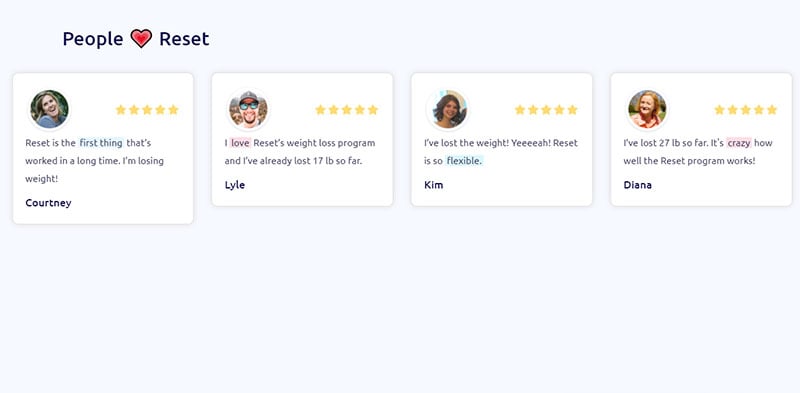 Reset incorporates incorporates testimonials in a simple carousel