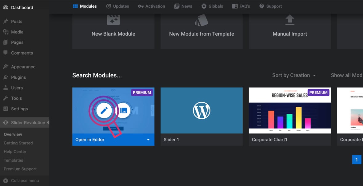 Edit module in the Slider Revolution plugin