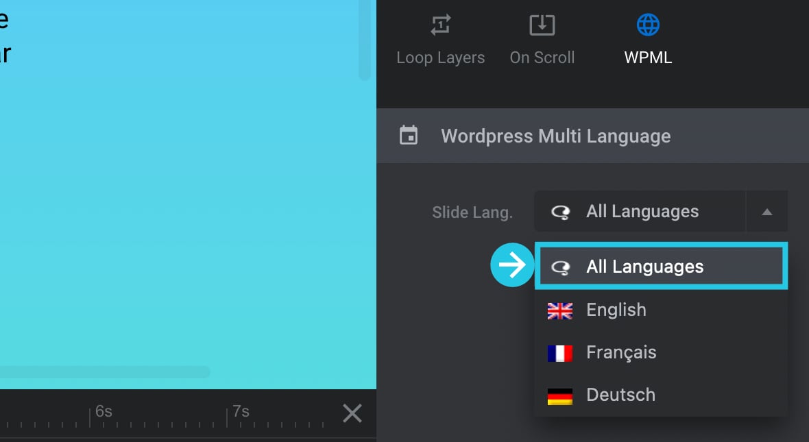 Select All Languages from the slide Lang. dropdown option - Slider Revolution