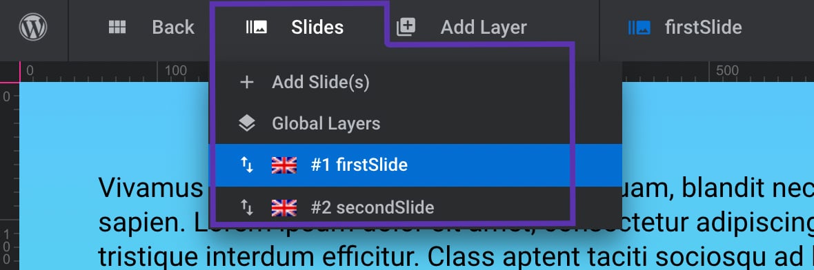 Hover over Slides from the top toolbar to open the slides dropdown menu - Slider Revolution