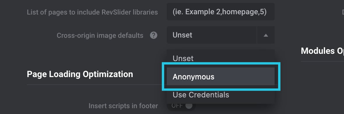 Cross-origin image defaults Anonymous setting selected