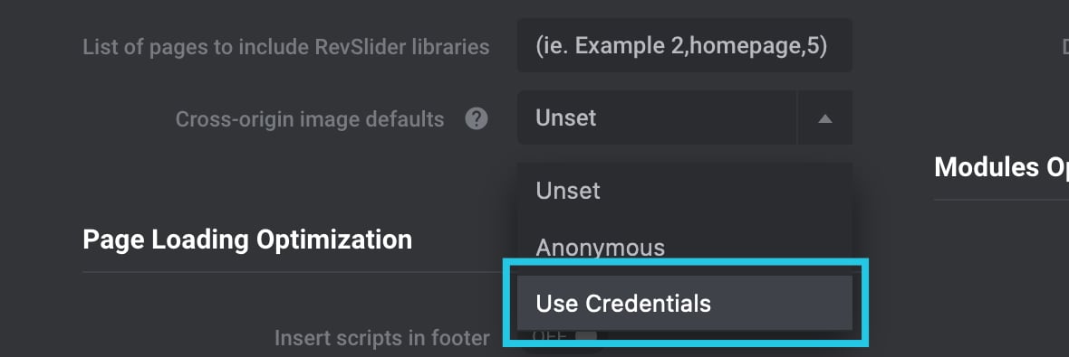 Cross-origin image defaults Use Credentials setting selected