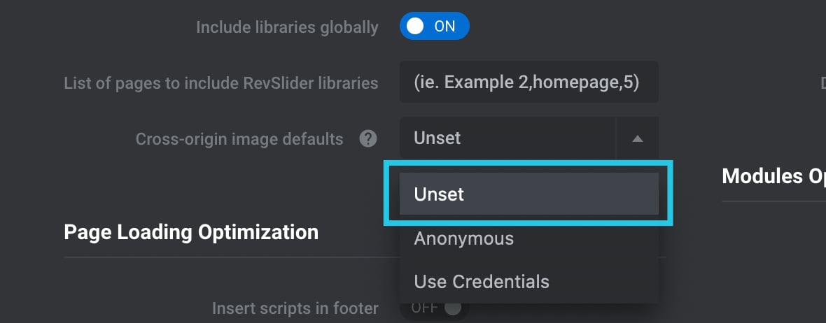 Cross-origin image defaults Unset setting selected