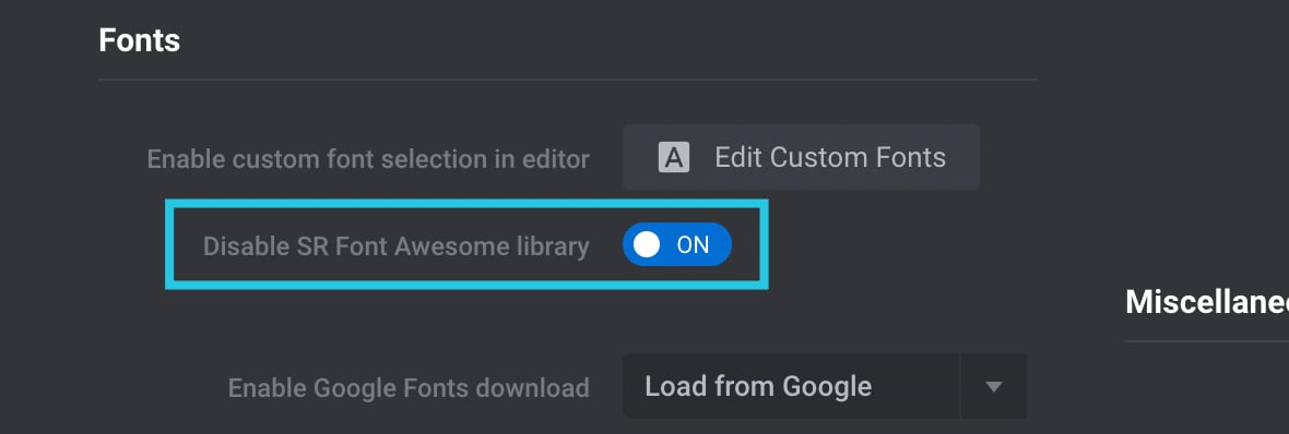 Disable SR Font Awesome library option toggled ON