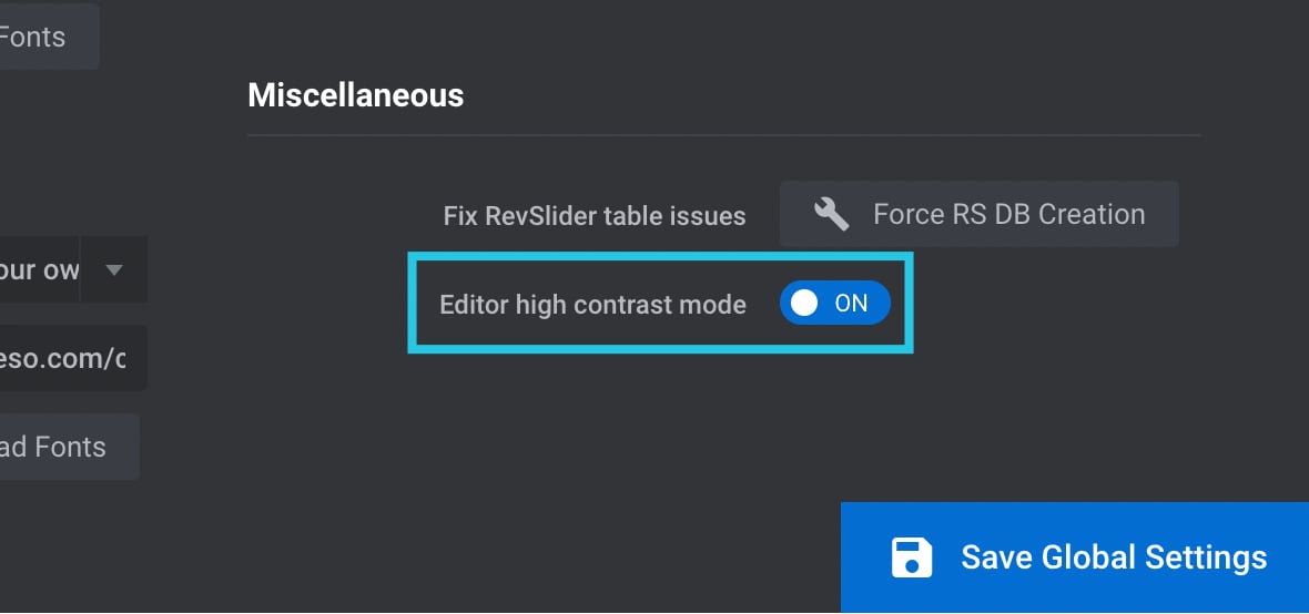Editor high contrast mode option toggled ON - Slider Revolution