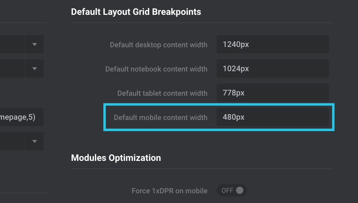 Default mobile content width configured to 480px