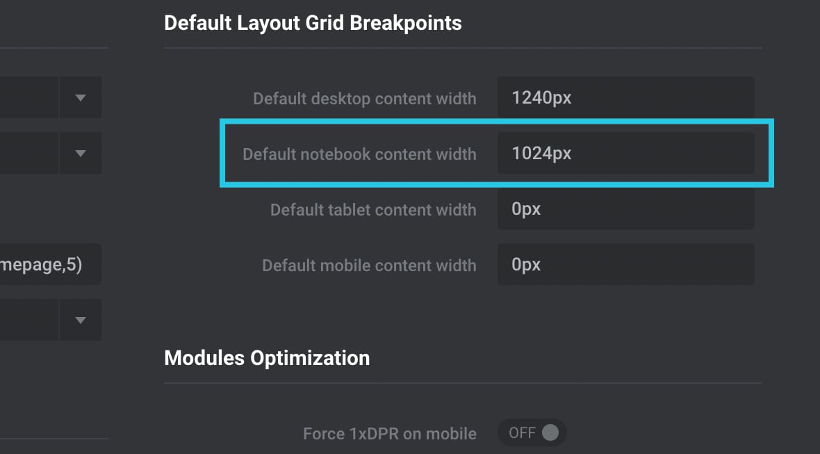 Default notebook content width option configured to 1024px