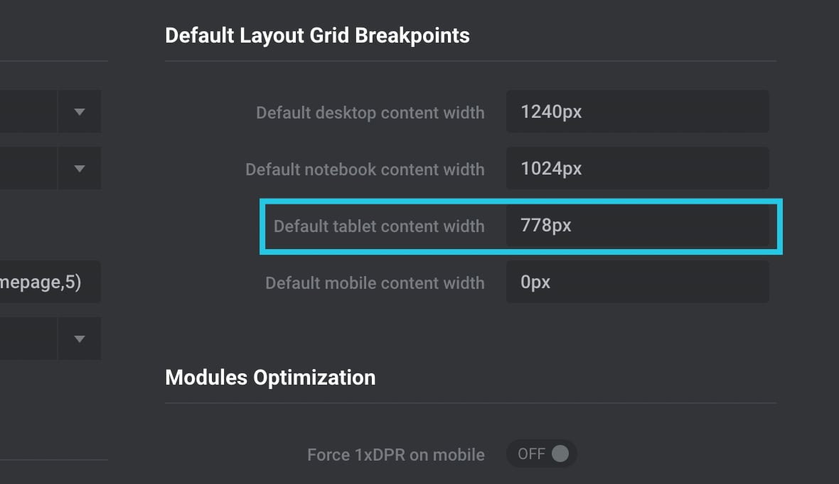 Default tablet content width configured to 778px.