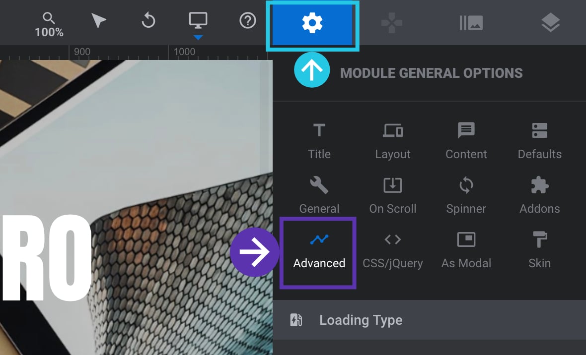 Advanced sub-section under Slider Revolution Module General Options from sidebar
