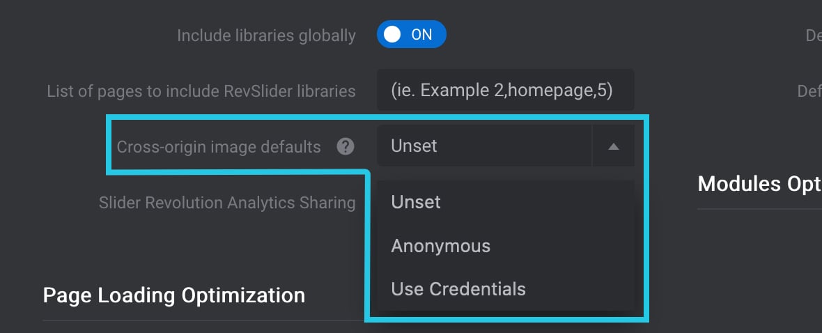 Cross-origin image defaults drop-down menu under Slider Revolution Global Settings