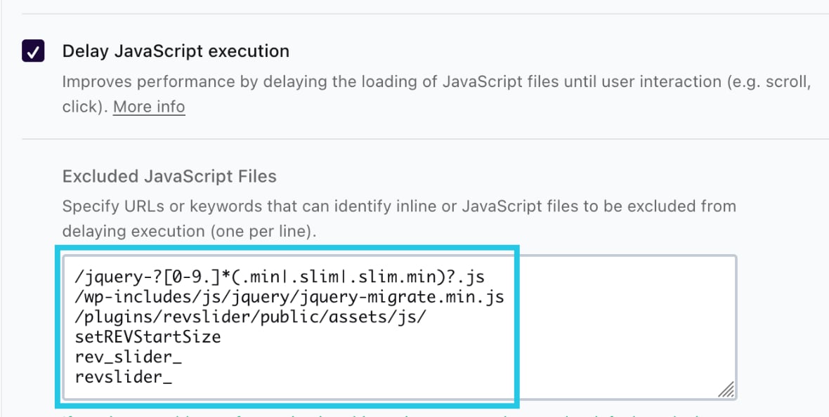 Add keywords/URLs to Excluded JavaScript Files under Delay JavaScript execution