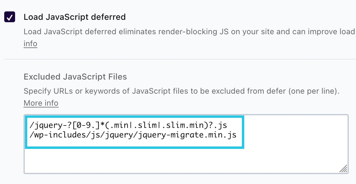 Add keywords/URLs to Excluded JavaScript Files under Load JavaScript deferred