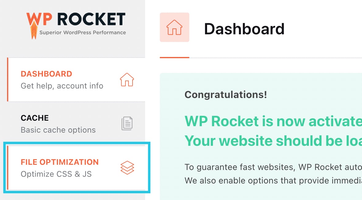 File Optimization tab in WP Rocket Cache plugin