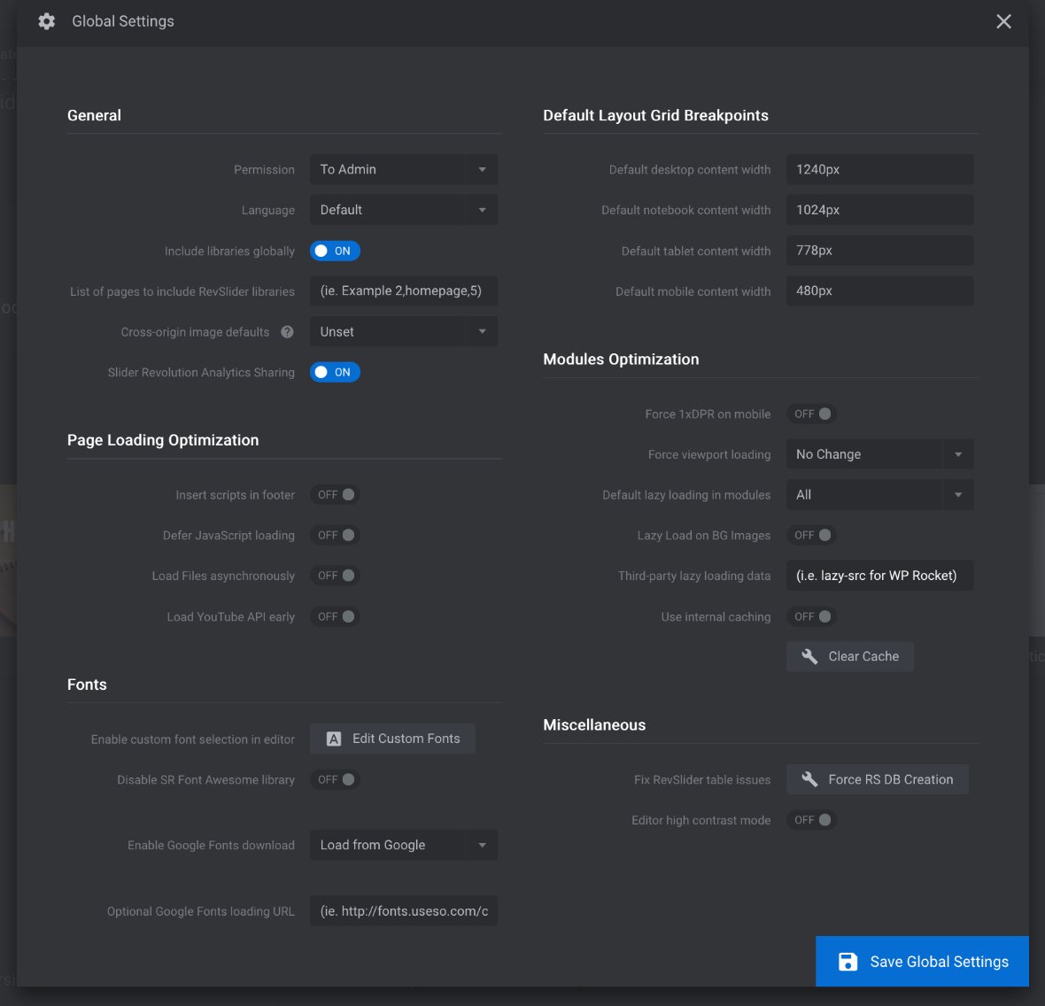 Slider Revolution Global Settings popup