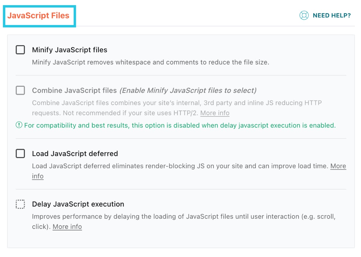 JavaScript Files section in the cache plugin