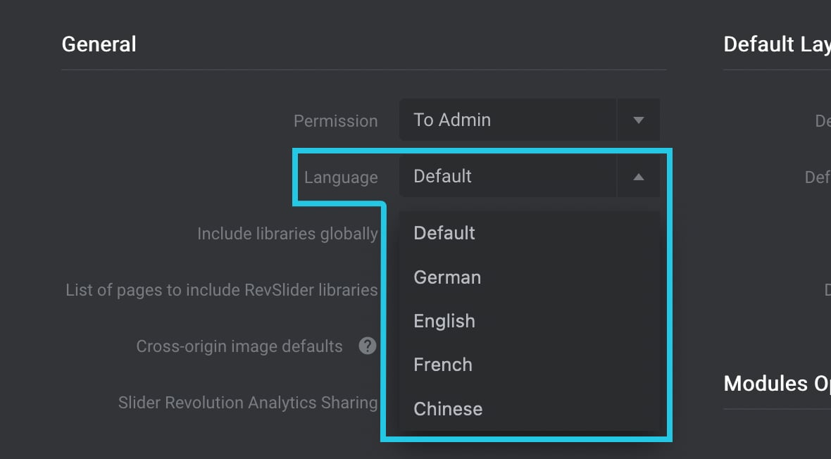 Language dropdown menu under Slider Revolution Global Settings