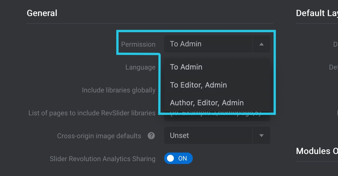 Permission dropdown menu under Slider Revolution Global Settings