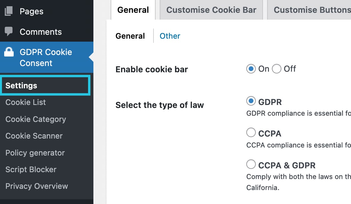 Settings option under GDPR Cookie Consent - CookieYes