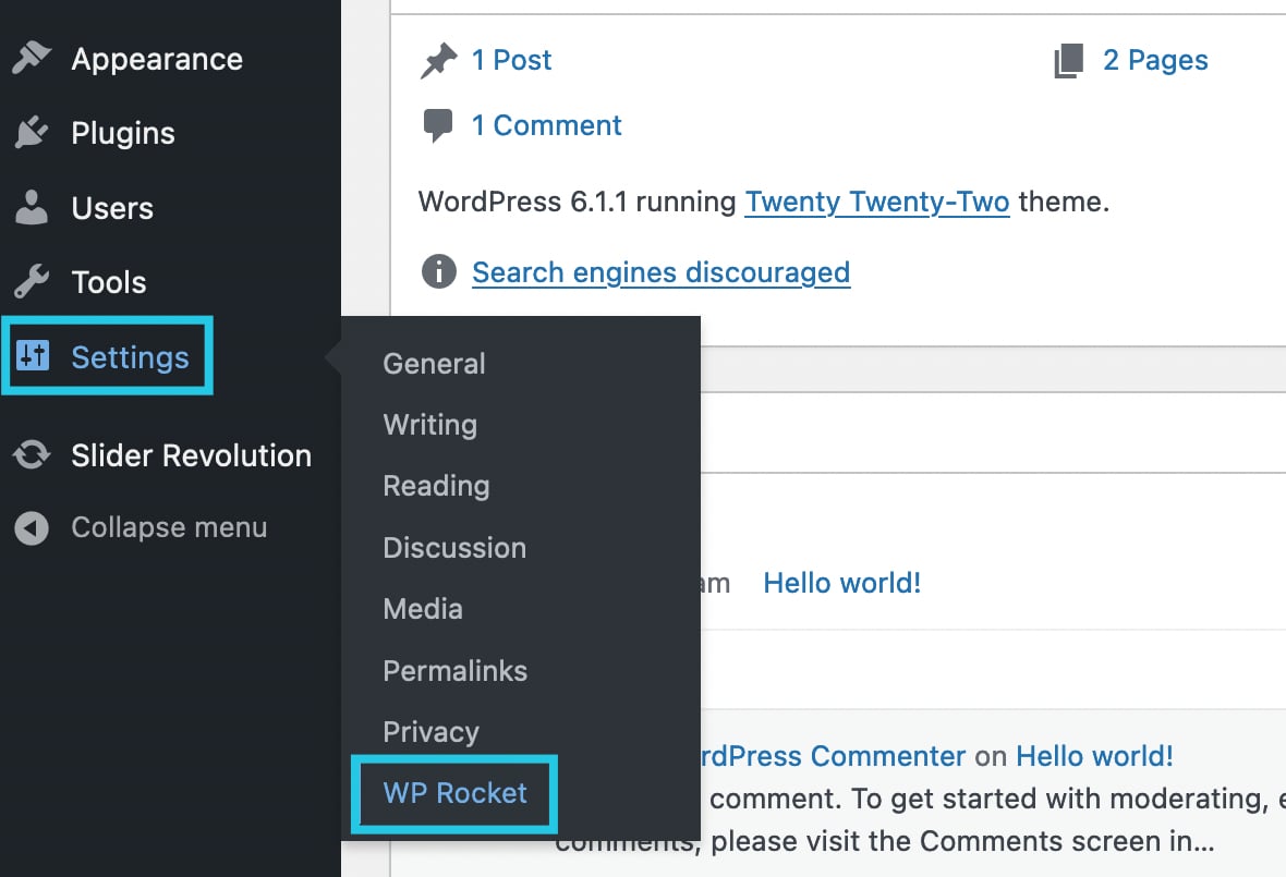 WP Rocket under Settings