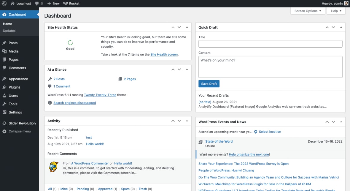 WordPress dashboard