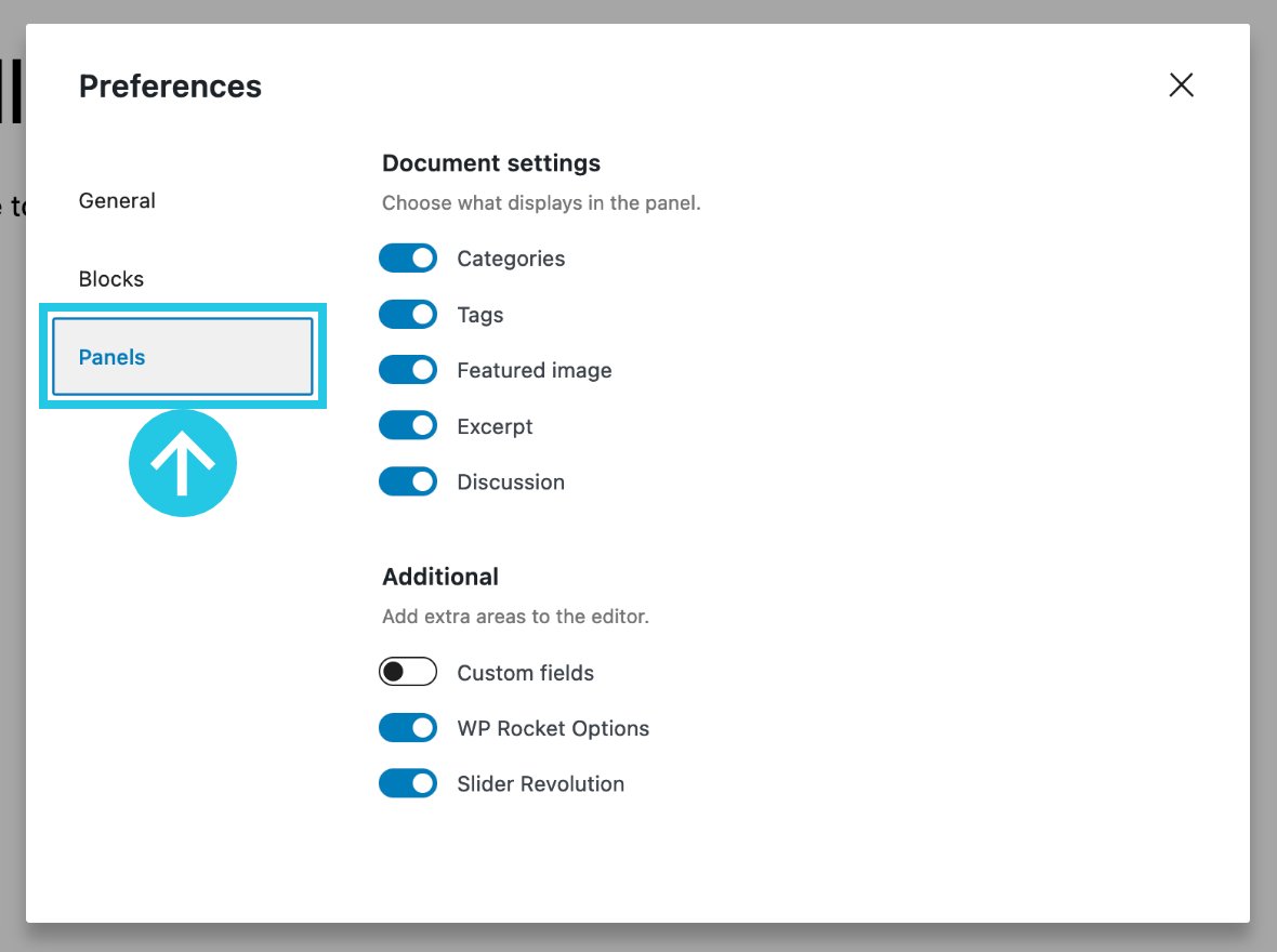 Panels tab in Preferences Popup