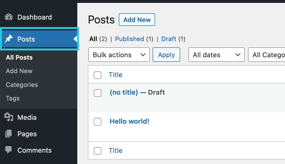 Posts tab in WordPress dashboard