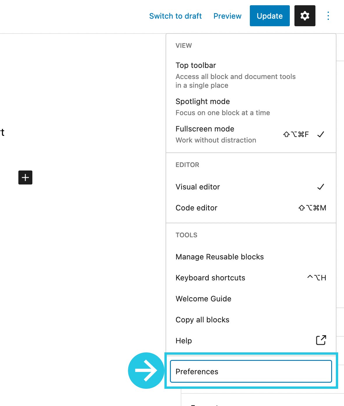 Preference setting in Options dropdown menu