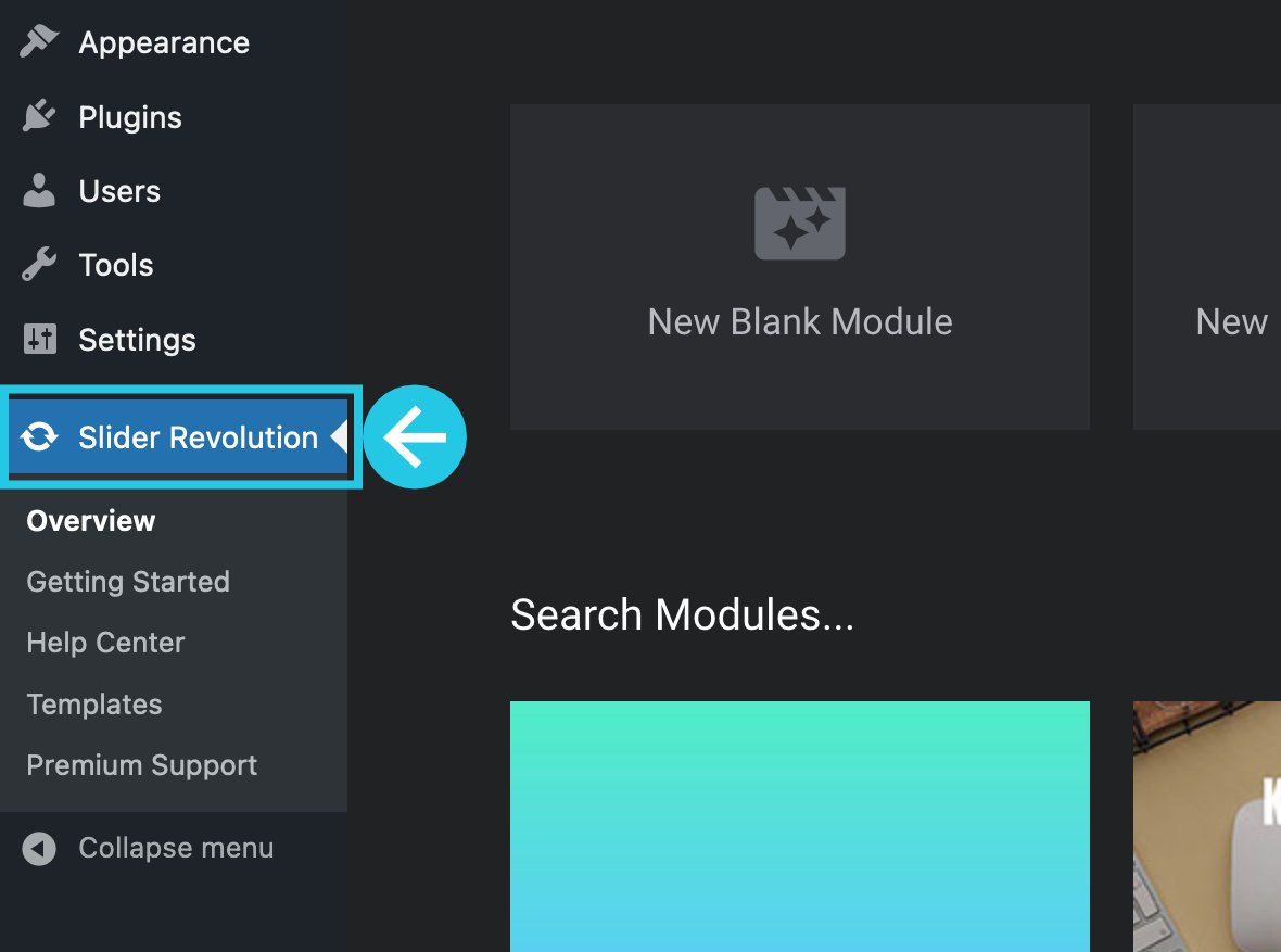 Slider Revolution menu in the sidebar
