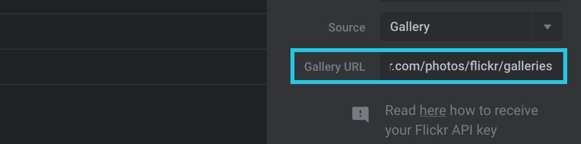 Enter the URL of the Gallery from a user account you wish to fetch the media from, for example, "https://www.flickr.com/photos/flickr/galleries"