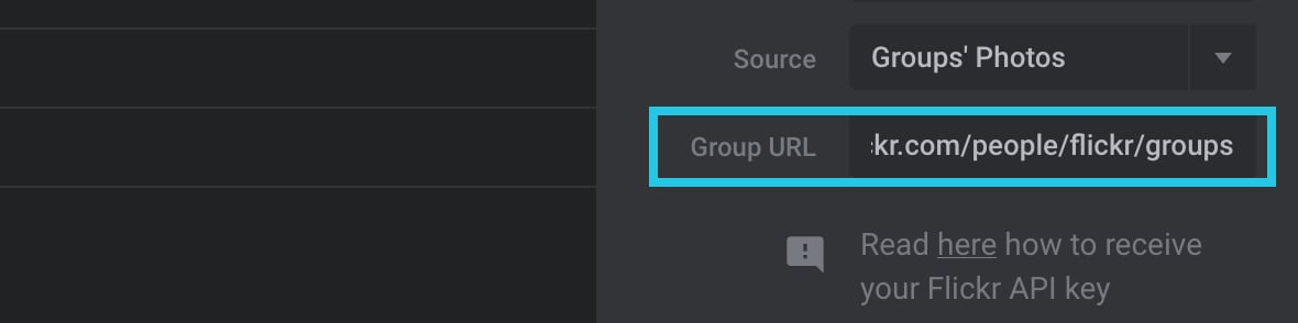 Enter the URL of the Group’s Photos from a user account you wish to fetch the media from, for example, "https://www.flickr.com/photos/flickr/groups"