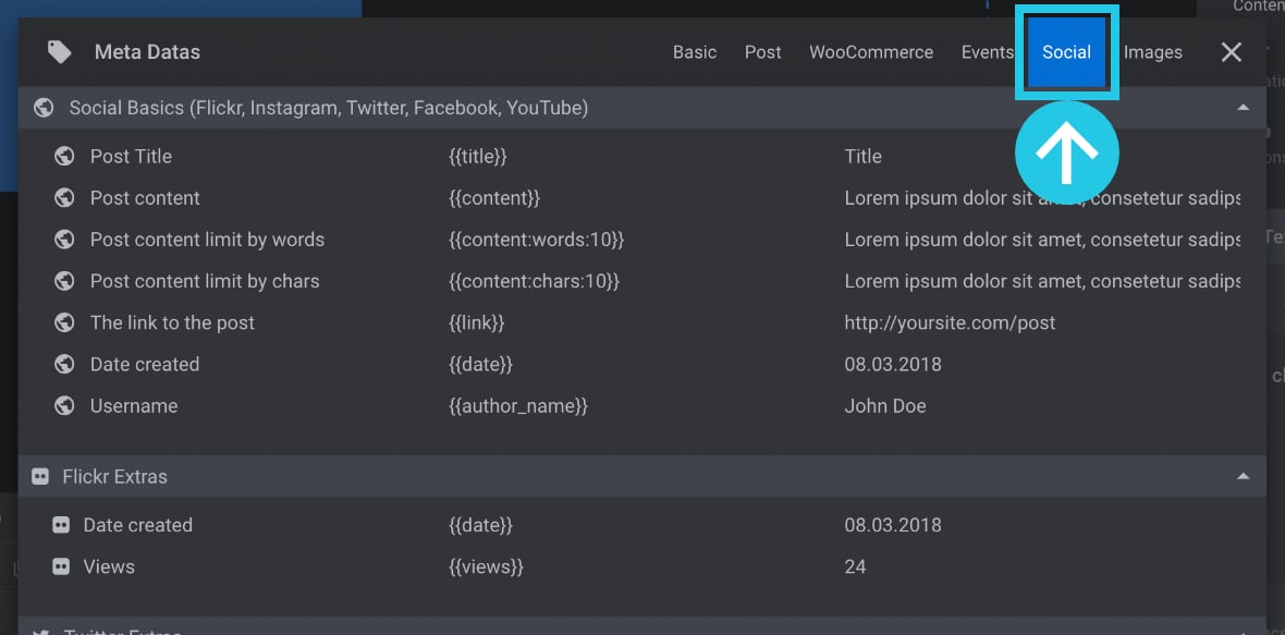 Click on the Social tab in the Meta Data popup