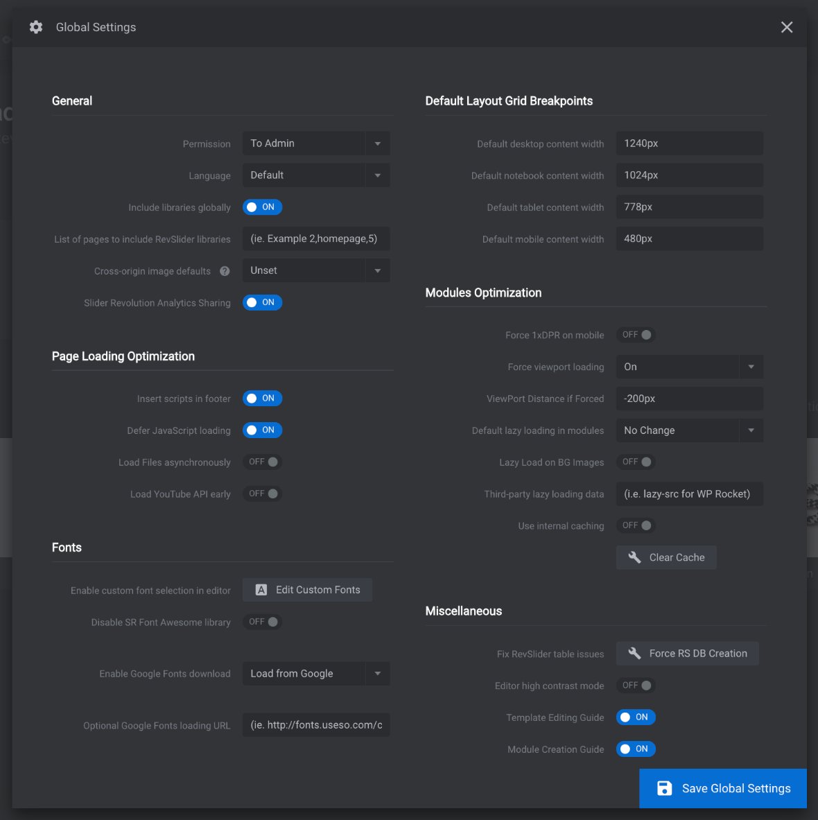 Global Settings popup