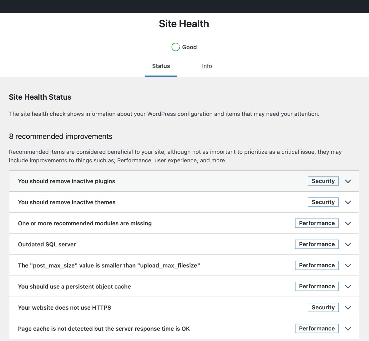 Site Health results and recommendations
